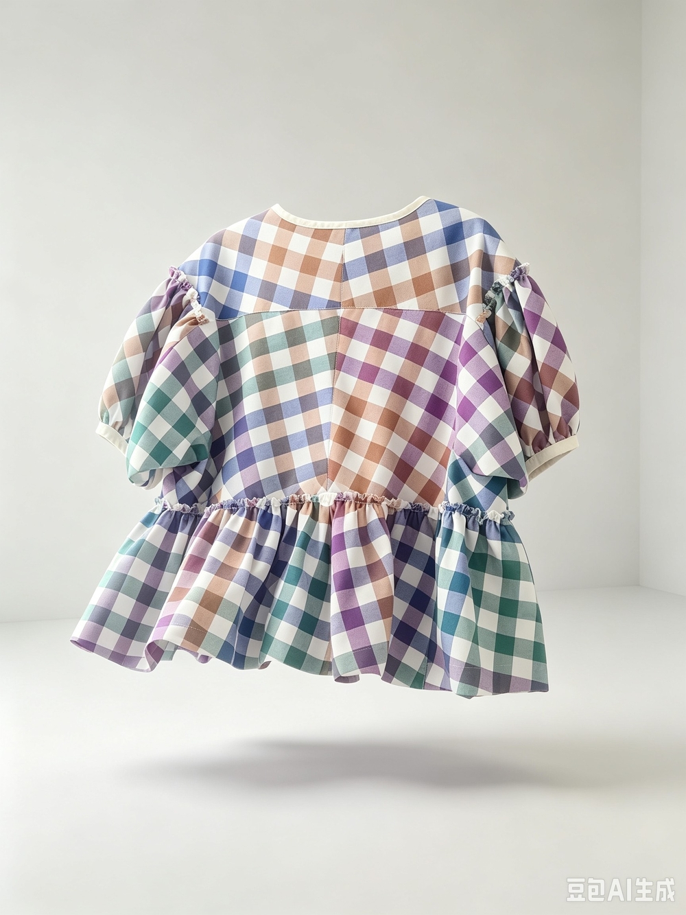 Comme des Garcons Multicolor Gingham Puff Sleeve Top in Blue, Green, Purple, Tan